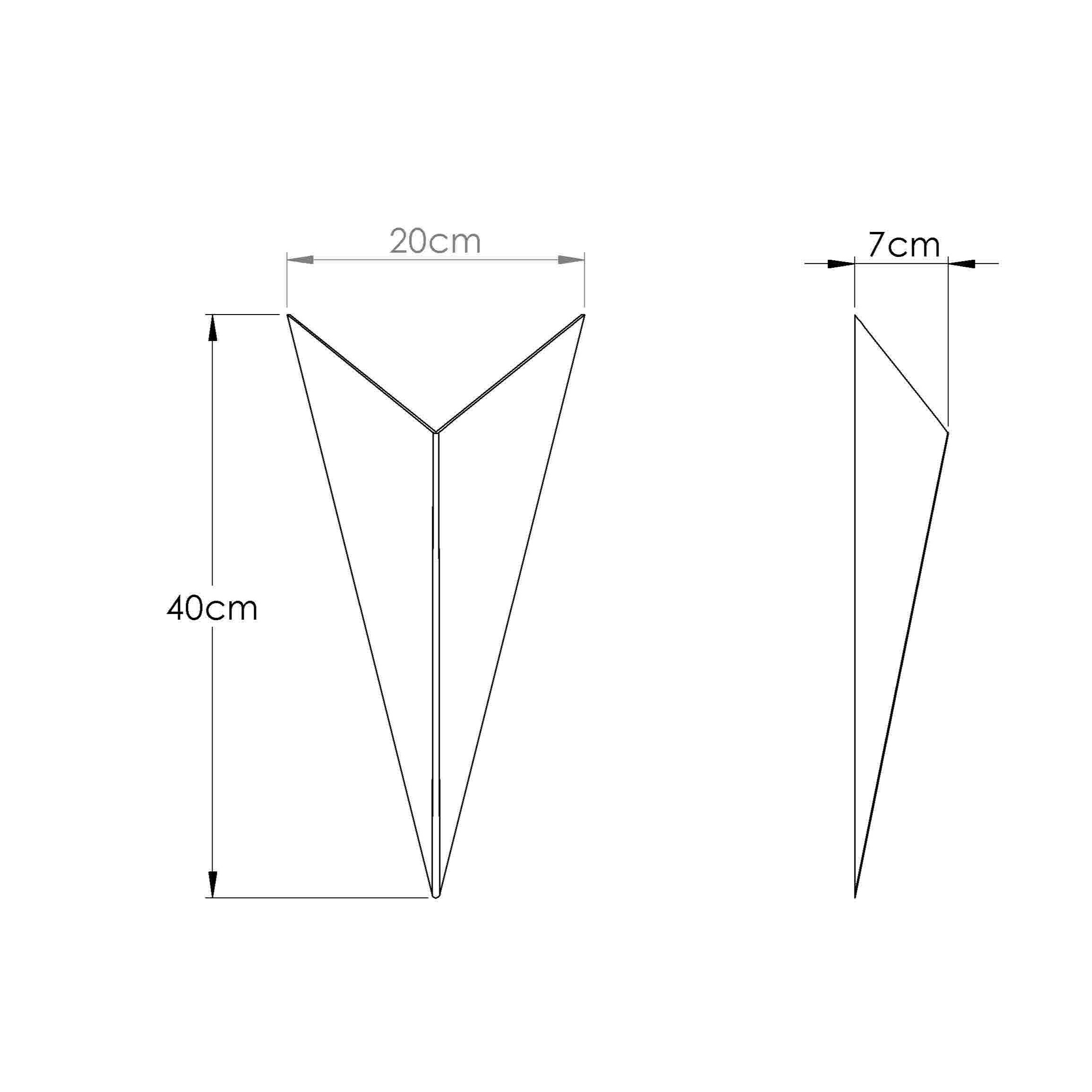 Desenho técnico da arandela de LED triangular Avio Bella Itália, mostrando medidas de 40 cm de altura, 20 cm de largura e 10 cm de profundidade.